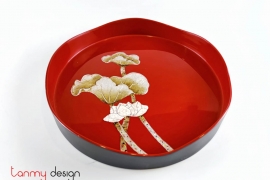 Red round lacquer tray hand-painted with lotus